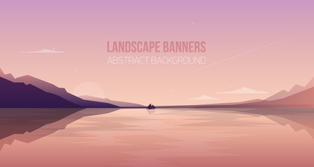 Horizontal banner with gorgeous seaside landscape or scenery. Picturesque view with yacht sailing in sea bay against silhouette of mountains and sunset sky on background. Colorful vector illustration.