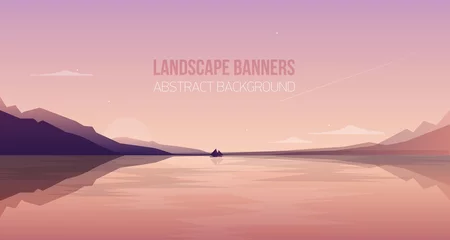 Foto auf Acrylglas Horizontal banner with gorgeous seaside landscape or scenery. Picturesque view with yacht sailing in sea bay against silhouette of mountains and sunset sky on background. Colorful vector illustration. © Good Studio