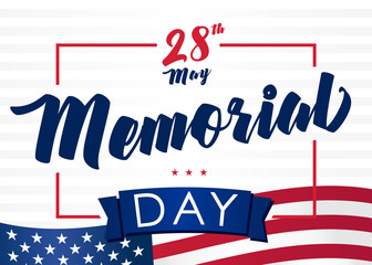 Fototapeta na wymiar Memorial day USA, remember & honor and flag on light stripes background. Happy Memorial Day vector banner template in national flag colors with text 28 may and stars