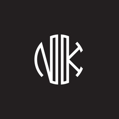 Initial letter NK, minimalist line art monogram circle shape logo, white color on black background