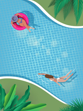 Aerial View Of People Relaxing On Donut Lilo And Swimming In The Pool. Summer Holiday Idyllic. High View From Above. Vector Illustration