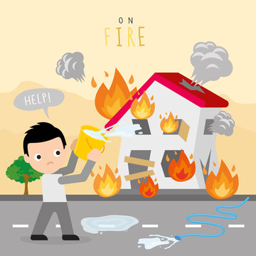 Fire Burn House Home Boy Danger Help Cartoon Character Vector Stock Vector  | Adobe Stock