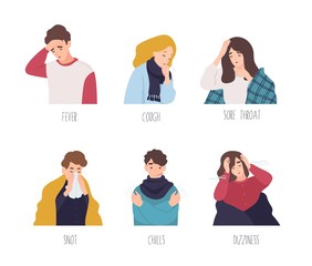Male and female cartoon characters demonstrating symptoms of common cold - fever, cough, sore throat, snot, chills, dizziness. Collection of sick or ill men and women. Flat vector illustration.