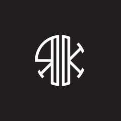 Initial letter RK, minimalist line art monogram circle shape logo, white color on black background