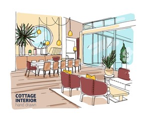 Rough colored drawing of house or summer cottage interior with comfortable furniture and home decorations. Hand drawn dining and living room with table, chairs, sofa, armchairs. Vector illustration.