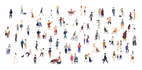 Deurstickers Crowd of tiny people walking with children or dogs, riding bicycles, standing, talking, running. Cartoon men and women performing outdoor activities on city street. Flat colorful vector illustration. © Good Studio