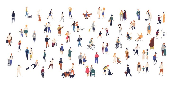 Crowd of tiny people walking with children or dogs, riding bicycles, standing, talking, running. Cartoon men and women performing outdoor activities on city street. Flat colorful vector illustration.
