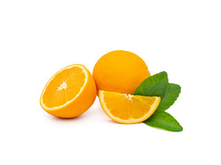 a group of fresh orange fruits with green leaves, isolated on white background with clipping path. fruit product display or montage, studio shot