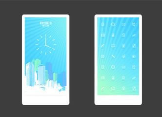 Abstract colored background with skyscrapers and app icons. Mobile phone background