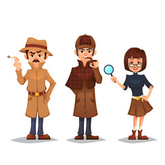 Set of detective character man smoking pipe noir detective smok cigarette design, spy woman with magnifying glass cartoon flat style, vector color illustration
