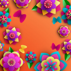 Orange background with flowers and butterflies.