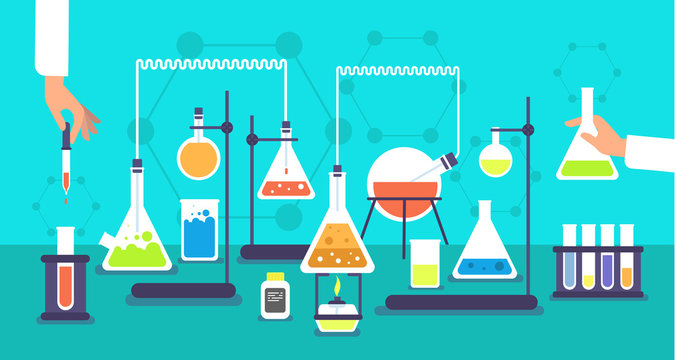Chemical equipment in chemistry analysis laboratory. Science school research lab experiment vector background