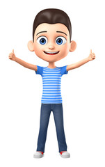 3d rendering. A boy in a striped T-shirt shows two thumbs up on a white background.
