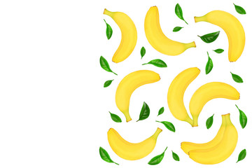 whole bananas with leaves isolated on white background with copy space for your text. Top view