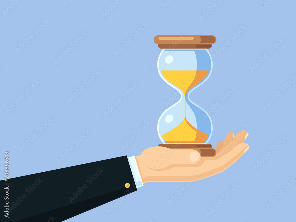 Poster cartoon businessman hand holding antique hourglass. time management vector business concept with san