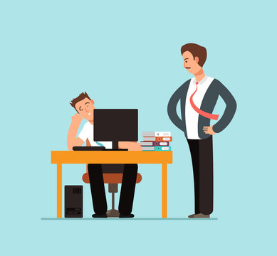 Bored lazy worker at desk behind computer and angry boss in office vector illustration
