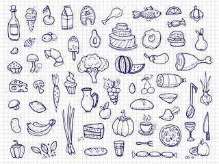 Hand drawn food, vegetables, drinks, snacks, fast food doodle vector icons