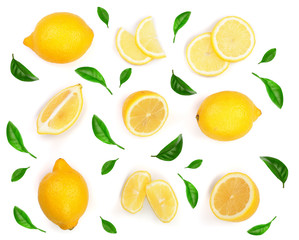 Lemon decorated with green leaves isolated on white background. Seamless pattern with fruits. Top view. Flat lay