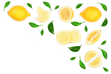 Lemon decorated with green leaves isolated on white background with copy space for your text. . Top view. Flat lay