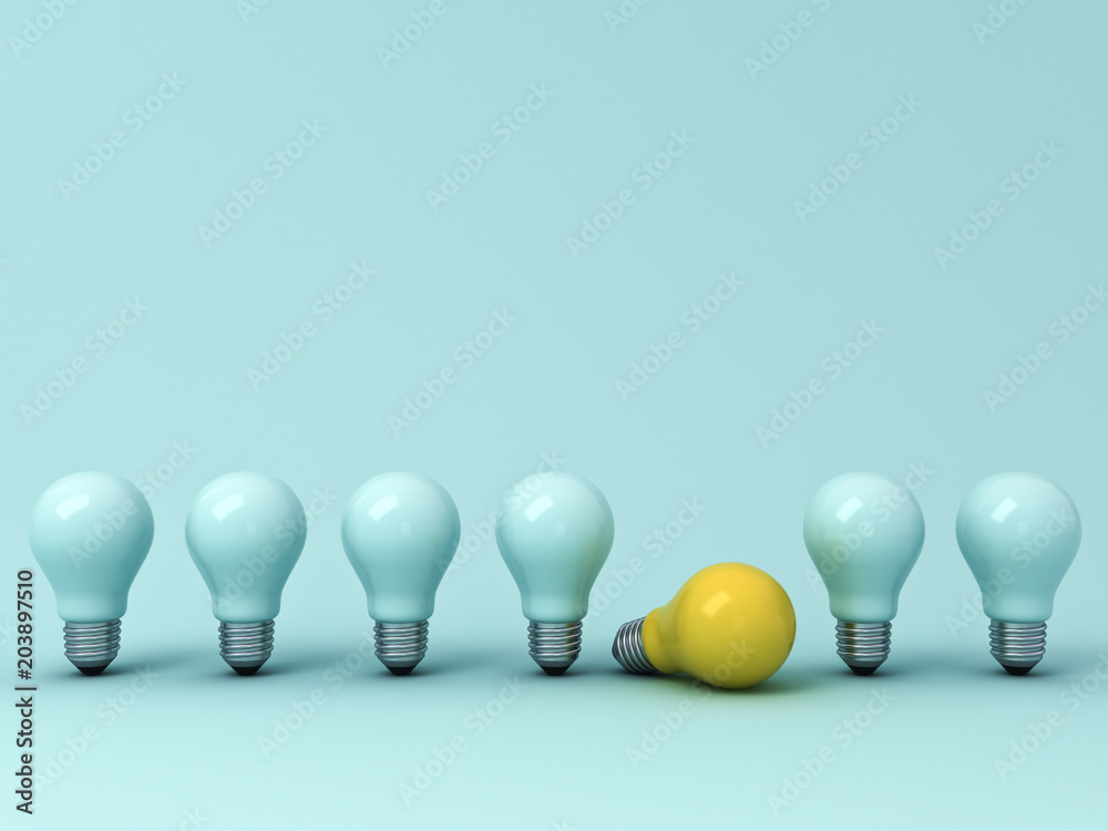 Poster Think different concept , One yellow idea bulb lying down with the standing unlit light bulbs on blue pastel background with shadows , leadership and individuality creative concepts . 3D rendering.