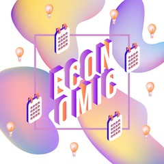 Obraz premium Trendy economic poster, banner background template with purple yellow colors abstract geometric shapes, light bulbs, calendar and planers icon. Vector modern advertising layout illustration