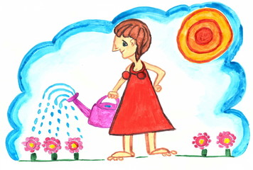 Watercolor painting in the style of surrealism. The girl is watering flowers from the watering can.