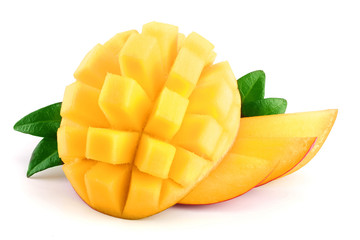 Mango fruit half with leaves and slices isolated on white background close-up