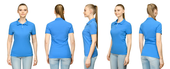 Set promo pose girl in blank blue polo shirt mockup design for print and concept template young...