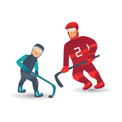 Cartoon young kid boy, adult father man family in protective uniform helmet standing holding ice hockey stick smiling. Active lifestyle character doing sport. Isolated vector background illustration