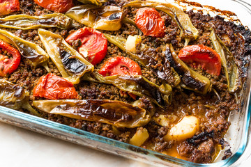 Turkish Food Baked Potato Casserole with Minced Meat Tomatoes and Green Pepper / Kiymali Patates