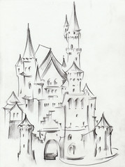 Obraz premium Drawing of architectural structures of the medieval fairy-tale castle in the mountains of Germany . Cityscape sketch handmade .