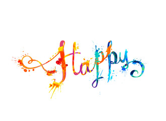 Happy. Hand written word of splash paint