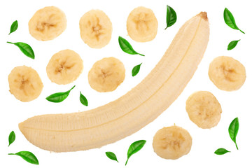 banana sliced decorated with green leaves isolated on white background. Top view. Flat lay