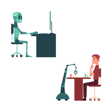 Artificial intelligence images set with young man and robot playing chess and mechanical android at computer - friendly relations between machine and human concept. Flat futuristic vector illustration