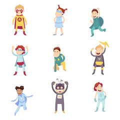 Fototapeta premium Children imagine themselves to be super heroes and try on different superhero is guests. Their ability of super heroes to fly, jump, run and save the world from baddies.