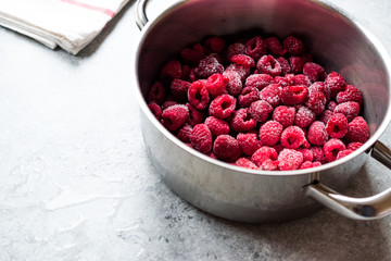 Frozen Raspberry in Pot Ready to Cook