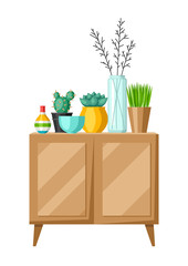 Interior home decor. Cupboard with vases and plants.