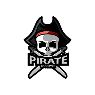 Pirate Skull and crossed sabers badge, logo. Vector illustration design