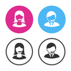 Vector call center black icon. Support and consulting concept. Buttons for business projects,  symbols for mobile apps and service live call and chat. Silhouette of operator, consultant, assistant