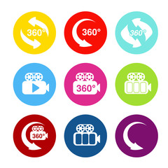 Fototapeta premium Vector buttons for virtual tour. Stickers with symbol of arrow and camera. Red, blue, green, yellow, purple and pink round label.
