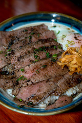 Beef Steak Donburi with egg and fried garlic