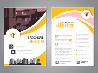 Vector modern brochure design, abstract flyer with background of houses. Layout template with city. Poster of pink, yellow and white color. Magazine cover.