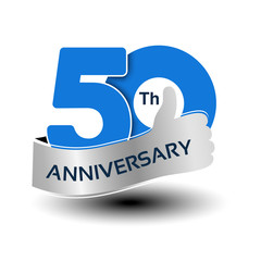 Fototapeta premium Vector 50 years anniversary, blue number with silver ribbon - thumb up, hand gesture, symbol of best choice
