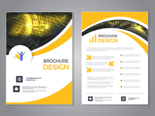 Vector modern brochure with wave design, abstract flyer with technology background. Layout template. Poster of black, yellow and white color. Magazine cover.