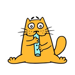 Cartoon orange cat plays a melody on the flute. Vector illustration.