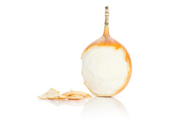 Broken giant grenadilla with skin pieces isolated on white background one sweet yellow passion fruit.