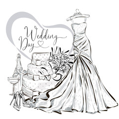 Wedding clip art set with beautiful wedding dress, wedding cake, champagne and flower bouquet, black and white wedding card or invitation template vector illistration