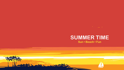 Naklejka premium Vector travel banner with words Summer time. Tropical seascape with island silhouettes, palm trees and sailboat at sunset. Summer poster, flyer, invitation, card