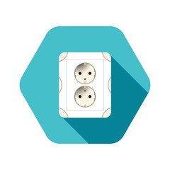 Illustration of isolated icon of electrical outlet on the turquoise hexagon background with shadow.