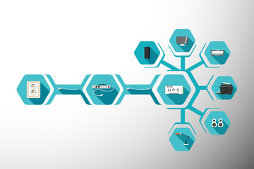 Infographics set of desktop computer periphery electrical connection with hexagon icons on the gradient gray background.